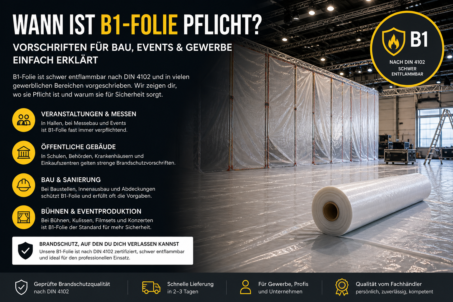 Wann ist B1-Folie Pflicht? Vorschriften für Bau, Events & Gewerbe einfach erklärt